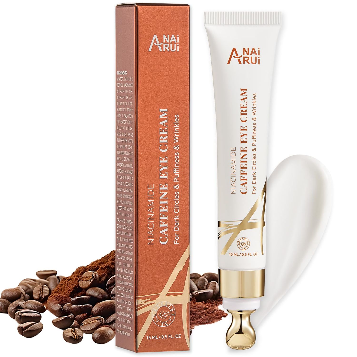 ANAI RUI Caffeine Eye Cream, Niacinamide Eye Cream for Dark Circles and Puffiness, Anti Aging Friming Eye Cream with Eye Roller, Caffeine Under Eye Cream for Puffy Eyes, Bag Treatment 0.5 FL.OZ