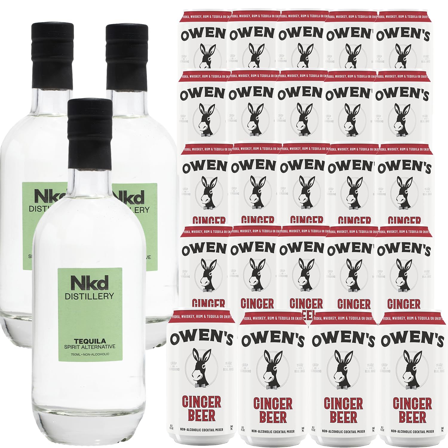 Nkd Distillery Tequila Alternative Premium Non-Alcoholic Spirit 750 ML Bottles w Owen s Mixers Ginger Beer 8.2 OZ Cans - Perfect for Mocktails - Made in USA