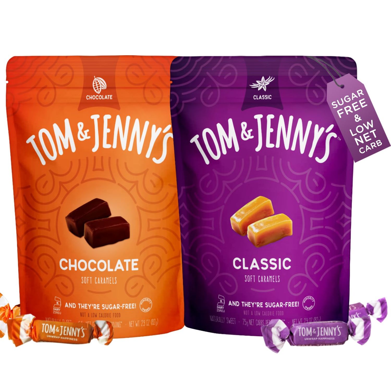 Tom Jenny&#39;s Sugar Free Candy (Soft Caramel Candy) Low Net Carb Keto Zero Sugar Candy - Chewy Sugar Free Caramel with Xylitol Maltitol (Classic Chocolate Caramel Candy Individually Wrapped 2-pack)