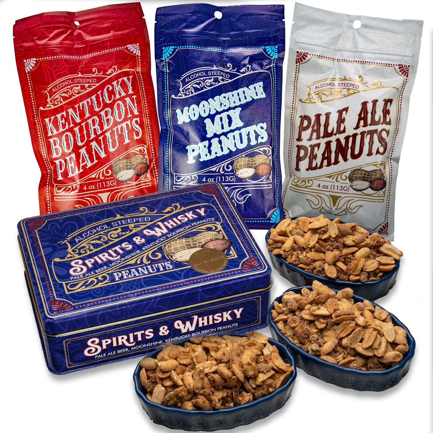 Nuts Gift Basket for Men - 3 Spirit-Infused Gourmet Nut Flavors, Bourbon, Moonshine, Pale Ale in Tin Box - Great Snack Gift for Men, Birthday Gift, Food Gift, Christmas Gift for Men, Dad, Family