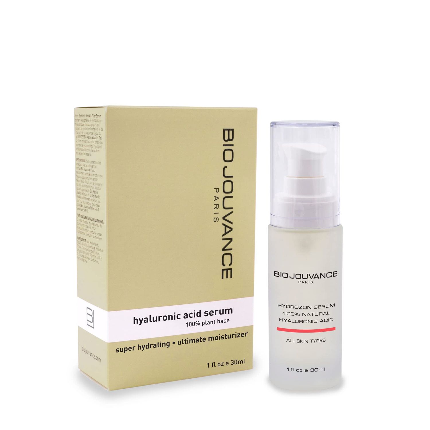 BIO JOUVANCE PARIS - Hyaluronic Acid Serum 1oz 30ml - Anti-Aging Hydrating Moisturizing Hyaluronic Acid 80 100 Plant Base Daily Facial Skin Care Treatment Regimen Made in France