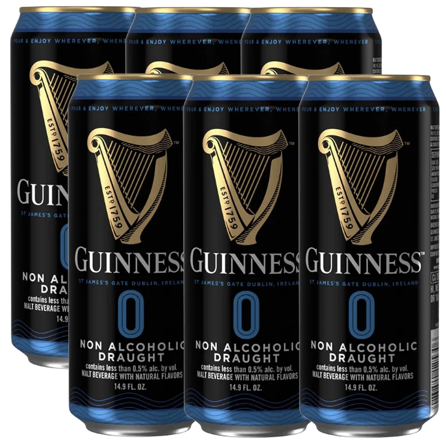 Guinness 0 Zero 6 Pack Non-Alcoholic Draught Stout Beer 14.9oz Cans Alcohol-Free Brew