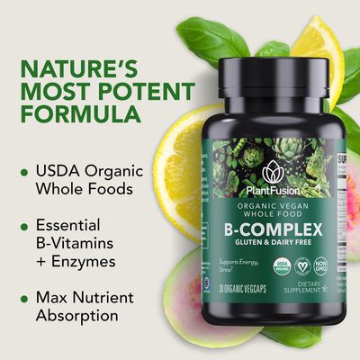 PlantFusion Organic Vitamin B-Complex, Vegan Whole Food Supplement for Energy Metabolism, Methylated B12, Guava, Lemon Basil, Non-GMO, Gluten-Free - 30 Capsules