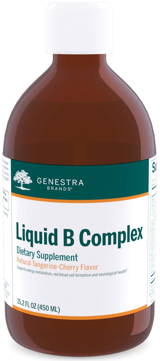 Genestra Brands Liquid B Complex Broad Spectrum B-Vitamin Complex to Support Energy Metabolism, Red Blood Cell Formation, and Neurological Health 15.2 fl. oz. Natural Tangerine-Cherry Flavor