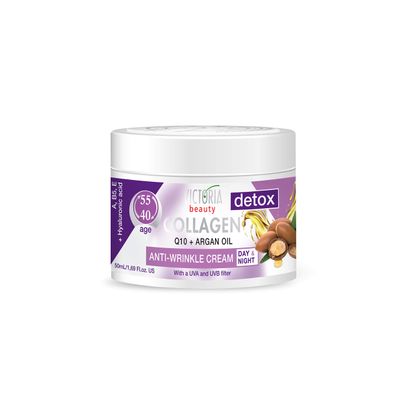Skin Care Detox Day and Night Face Cream Anti-Aging Moisturiser with Collagen, Hyaluronic Acid, Q10, Argan Oil, and a UVAUVB Filter for Ages 40 - 55, 50 ml