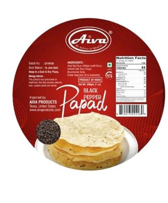 Aiva Pappadums (Indian Lentil Wafer Snack) Black Pepper Papad 200g (Pack of 3)