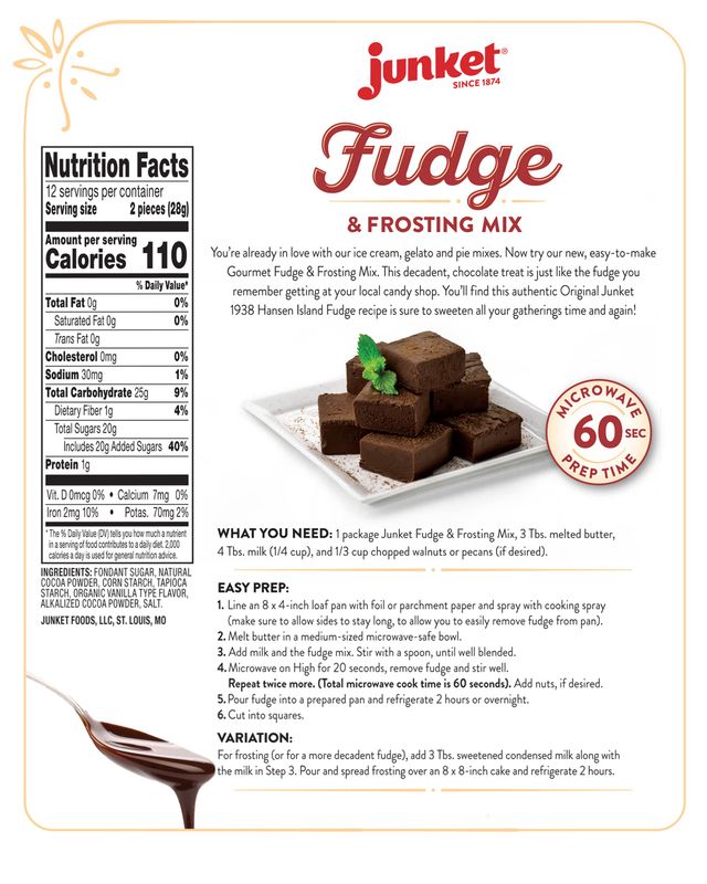 Junket Fudge and Frosting Mix: Add Milk and Butter, Heat 60 Seconds, Chill. 12 Ounce Bag of Chocolate Fudge Mix Makes 1 Pound Hansen Island Chocolate Fudge Candy or Icing for 8X8 Cake. (Pack of 2)