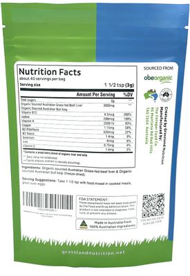 Grass Fed Beef Liver with Wild Harvested Kelp Energy Formula - Natural B12, Iodine, Iron Vitamin A (120G Powder)