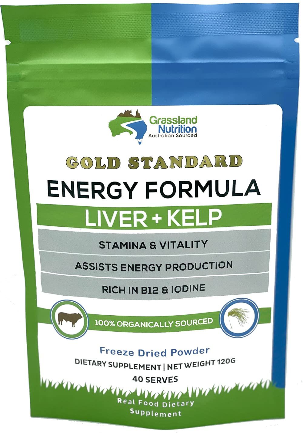 Grass Fed Beef Liver with Wild Harvested Kelp Energy Formula - Natural B12, Iodine, Iron Vitamin A (120G Powder)