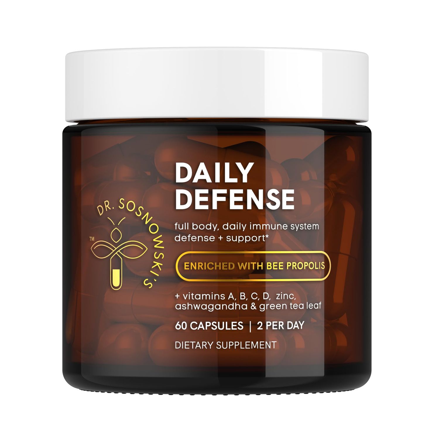 Dr Sosnowski&#39;s Daily Defence Immunity Supplements Hive-led Multi-Vitamin with Bee Propolis, Pollen Royal Jelly, Vegetable Capsules, 60ct