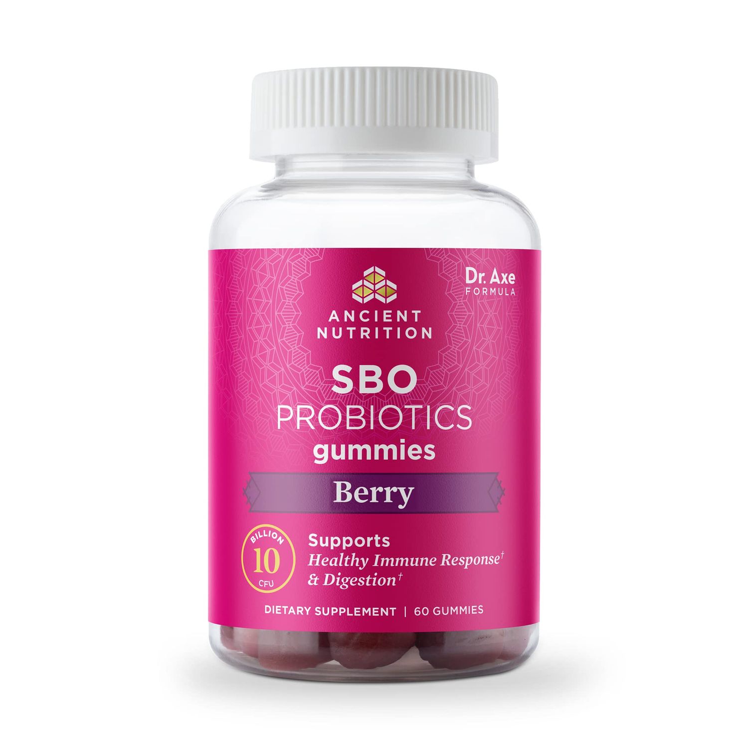 Ancient Nutrition Probiotics, SBO Probiotics Berry Gummies 10 Billion CFUsServing, Healthy Digestive and Immune Response Support, Gluten Free, Reduces Occasional Bloating, 60 Count