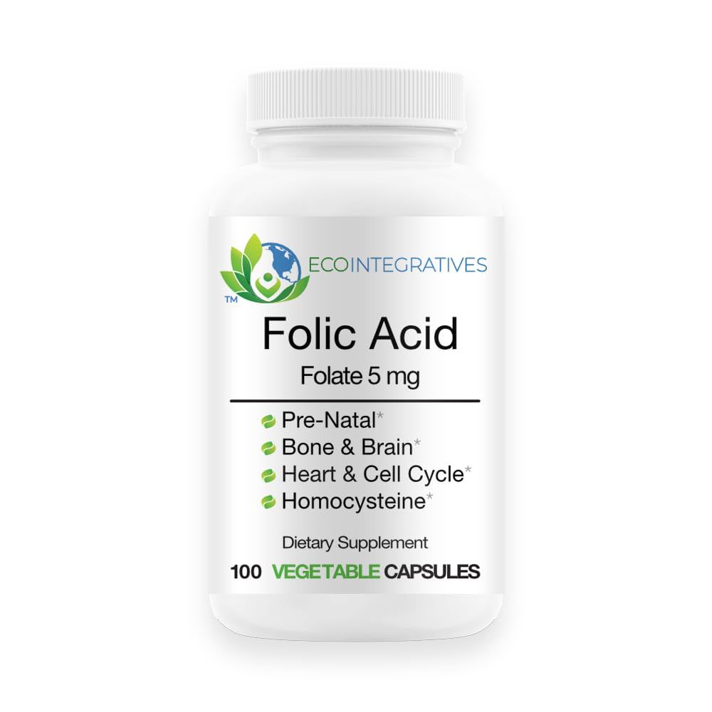 BioInnovations Pharmacal Folic Acid Folate 5mg (B9) Prenatal, Reproductive Health, Homocysteine, Metabolism, Cardiovascular, Bone, Immune Support, Allergen Free, Non GMO - 100 Vegan Capsules