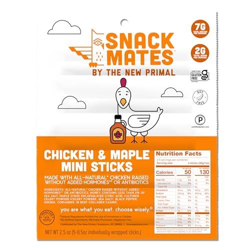Snack Mates by The New Primal, Chicken Maple Stick, All-Natural Chicken, High Protein and Low Sugar Kids Snack, Certified Paleo, Certified Gluten-Free, Lunchbox Friendly, 0.5 oz, Pack of 5