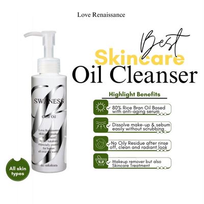 SWANESS Clear Oil - Japanese Luxury Cleansing Oil with 80 Rice Bran Jojoba Squalane Removes Waterproof Makeup Anti-Aging, Radiant Skin Rinses Clean, No Greasy Feel Face Eyes