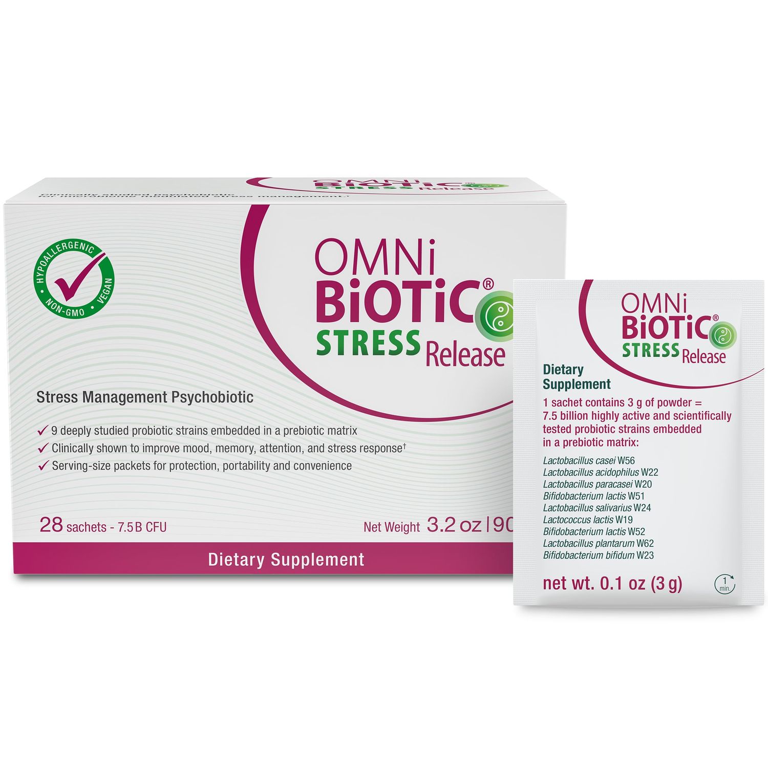 OMNi BiOTiC Stress Release - Clinically Tested Probiotic for Stress Management Gut-Brain Axis Support - Stress Probiotic and Mood Probiotic - Vegan, Non-GMO (28 Daily Packets)