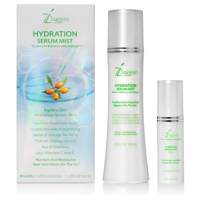 Ageless Zen Hydrating Serum Mist (6.26 1.35) FL OZ - (Comes with Refill) - Improves Tone Texture - Calms, hydrates, refreshes Sensitive Skin - Hyaluronic Acid Serum, E Vitamins - Anti-Wrinkle