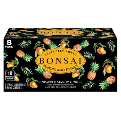 Bonsai Mango Pineapple Ginger Sweetened Sparkling Water, 12 fl oz cans, 8 pack