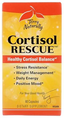 Terry Naturally Cortisol Rescue - Adrenal Health Energy Support Supplement - Vitamin C Riboflavin Formula - Vegan Supplement with Vitamin B12, Biotin DHEA - 60 Capsules (60 Servings)