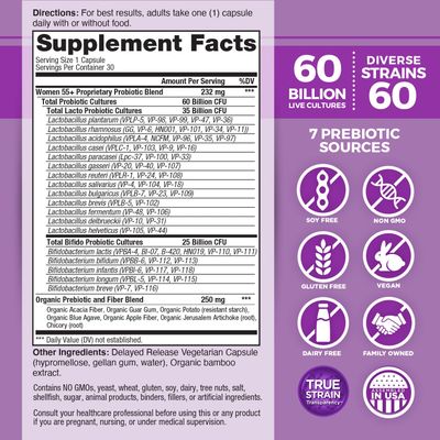Vital Planet - Vital Flora Women Over 55 Daily Probiotic, 60 Billion CFU, Diverse Strains, Organic Prebiotics, Vaginal and Immune Support, Digestive Health Probiotics for Women 30 Capsules