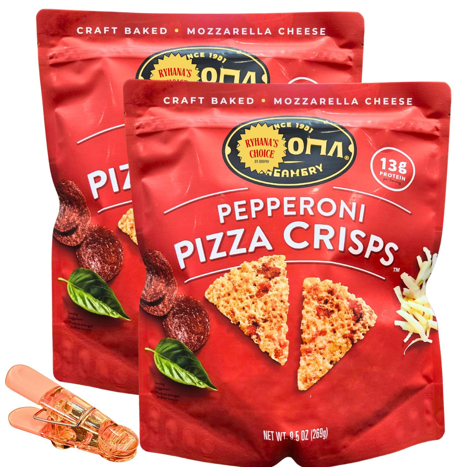 Pepperoni Pizza Crisps, Craft Baked Mozzarella Cheese, 9.5 oz pack, Pack of 2 with Bonus Bag Sealer Clip by RH940