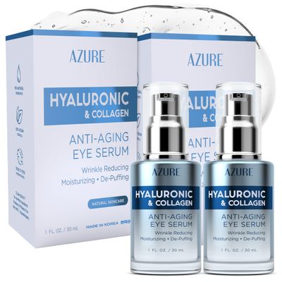 AZURE Hyaluronic Collagen Anti Aging Eye Serum - Moisturizing, Replenishing De-Puffing Reduces Wrinkles, Fine Lines Under Eye Bags Locks In Moisture Hydrating Skin - Pack of 2