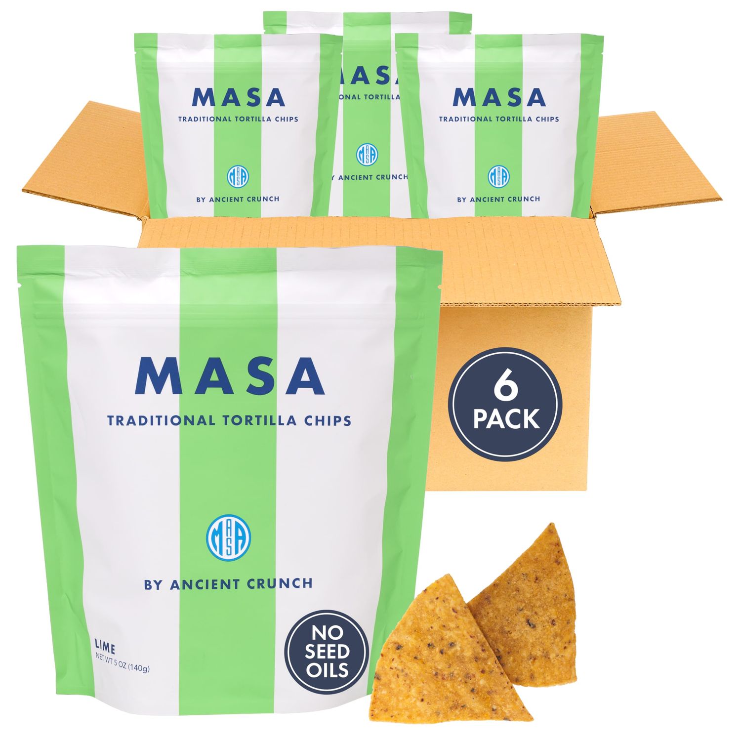 MASA Chips - Lime Flavored Tortilla Chips, Handmade Corn Chips Crisps - Naturally Grown Yellow Corn, Grass Fed Tallow Sea Salt Tortilla Chips - Seed-Oil Free Tortilla Chips - 6 Pack, 5 Ounce Each