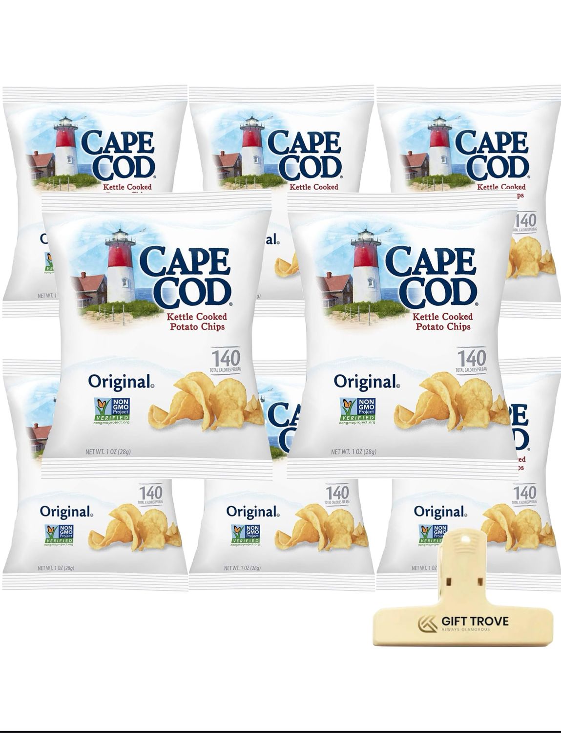 Cape Cod Chips Original Kettle Cooked Potato Chips, Gluten-Free 0.75oz Bags Comes with Gift Trove Bag Clip (8 Pack - (0.75oz Bags), Original)