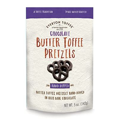 Everton Toffee Chocolate Butter Toffee Pretzels, (5oz Bag, 3-pack). Gourmet artisan Everton Butter toffee pretzels covered in rich dark chocolate.