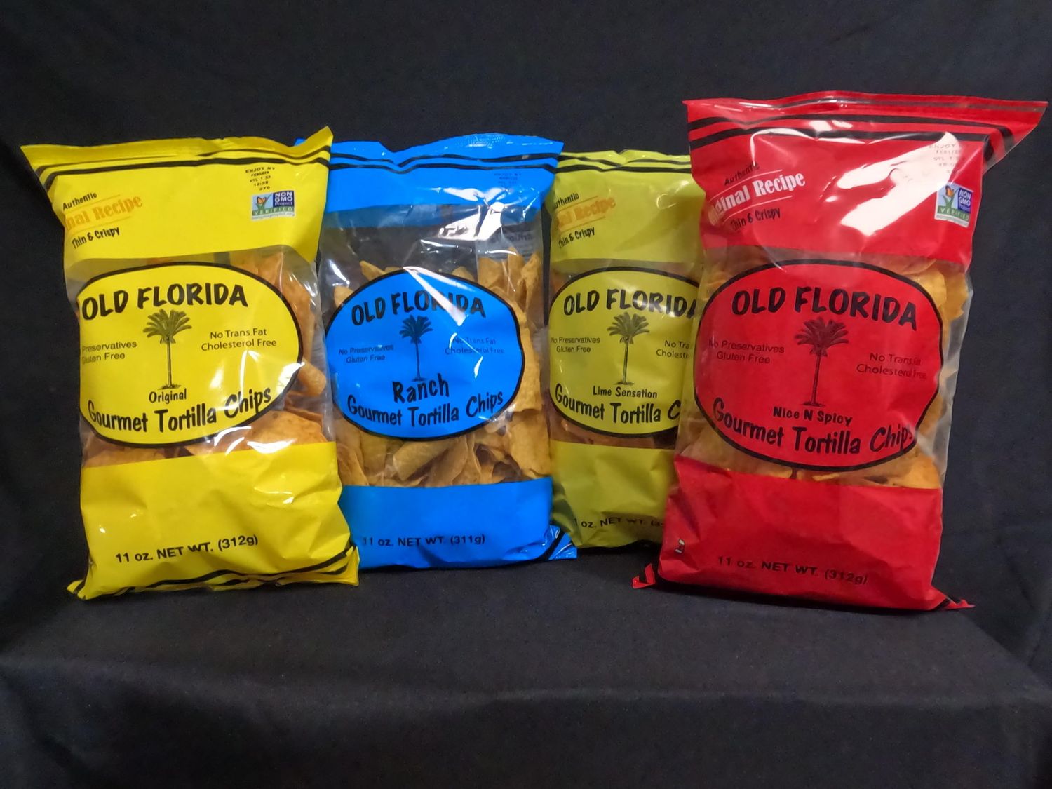 Old Florida Gourmet Tortilla Chips - VARIETY PACK OF FOUR (4) - Includes Original, Lime Sensation, Nice Spicy, and Ranch Tortillas, 11 oz