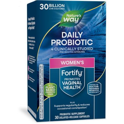 Nature&#39;s Way Fortify Daily Probiotic for Women, 30 Billion Live Cultures, 10 Strains, Prebiotics, Supports Digestive Immune Health, No Refrigeration Required, 30 Capsules (Packaging May Vary)