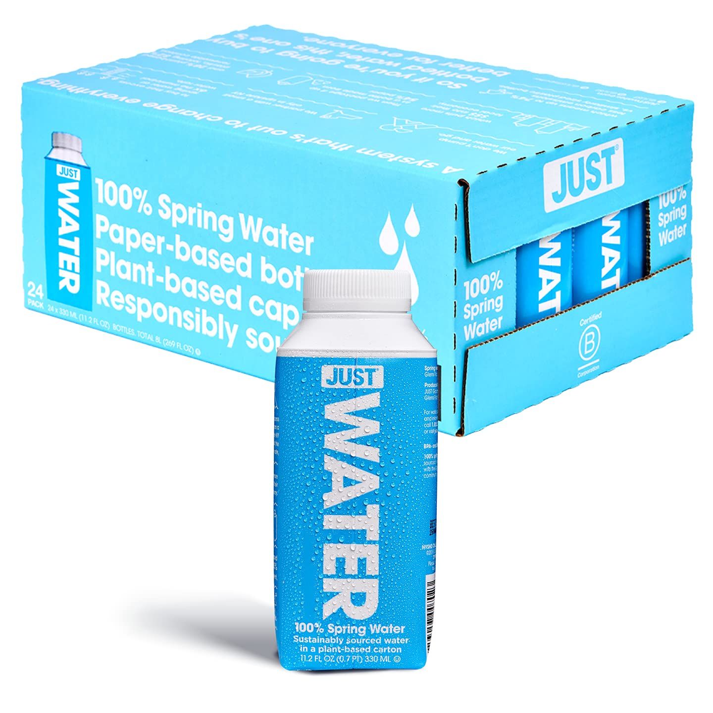 JUST Water - 100 Spring Water, Naturally Alkaline, 8.0 pH - Plant-Based, BPA Free, Sustainable and Fully Recyclable Boxed Water Bottle - Eco-Friendly - 11.2 Fl Oz (Pack of 24)