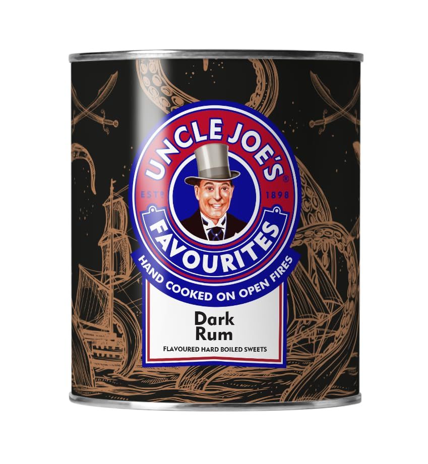 Uncle Joe&#39;s Dark Rum Candy British Hard Boiled Sweets Rum Flavored Non-Alcoholic Tin Pack 4.23 Oz (120g)