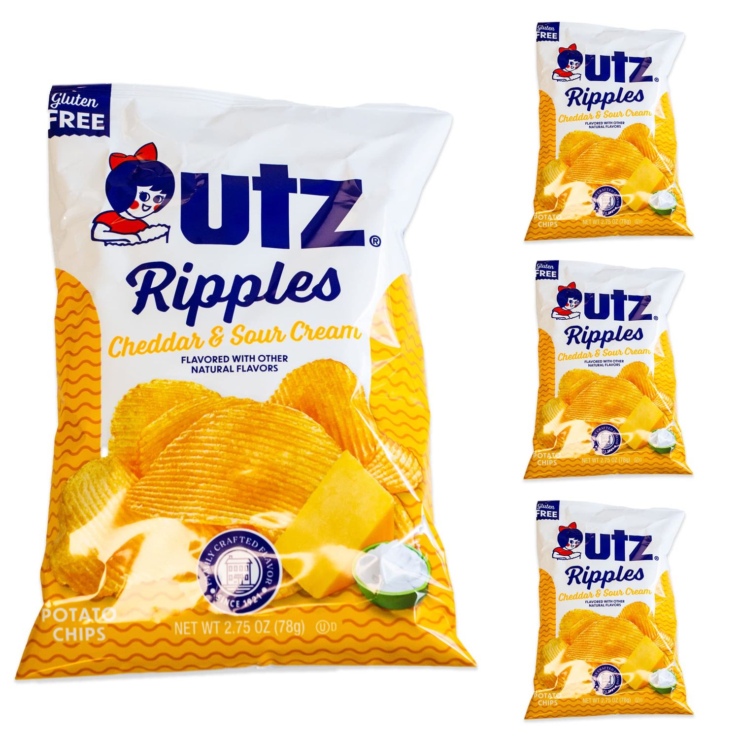 Utz Ripples Cheddar and Sour Cream Potato Chips - Cheesy Sour Cream Natural Flavors - 4, 2.75oz bags