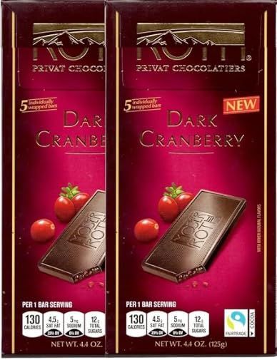 Roth Moser Cranberry German European Cacao Bar, Indivually Wrapped Dark Chocolate Squares, Low Carb Snack Snacking Keto Friendly Desert Food Sweets 2 Pack