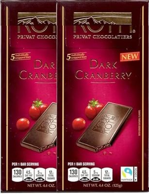 Roth Moser Cranberry German European Cacao Bar, Indivually Wrapped Dark Chocolate Squares, Low Carb Snack Snacking Keto Friendly Desert Food Sweets 2 Pack