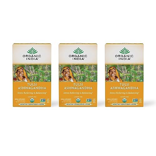 ORGANIC INDIA Calming Tulsi Ashwagandha Herbal Tea - Holy Basil Tea with Ashwagandha Root, Supports Restful Sleep - Adaptogen, Vegan, USDA Certified Organic, Non-GMO - 18 Infusion Bags, 3 Pack