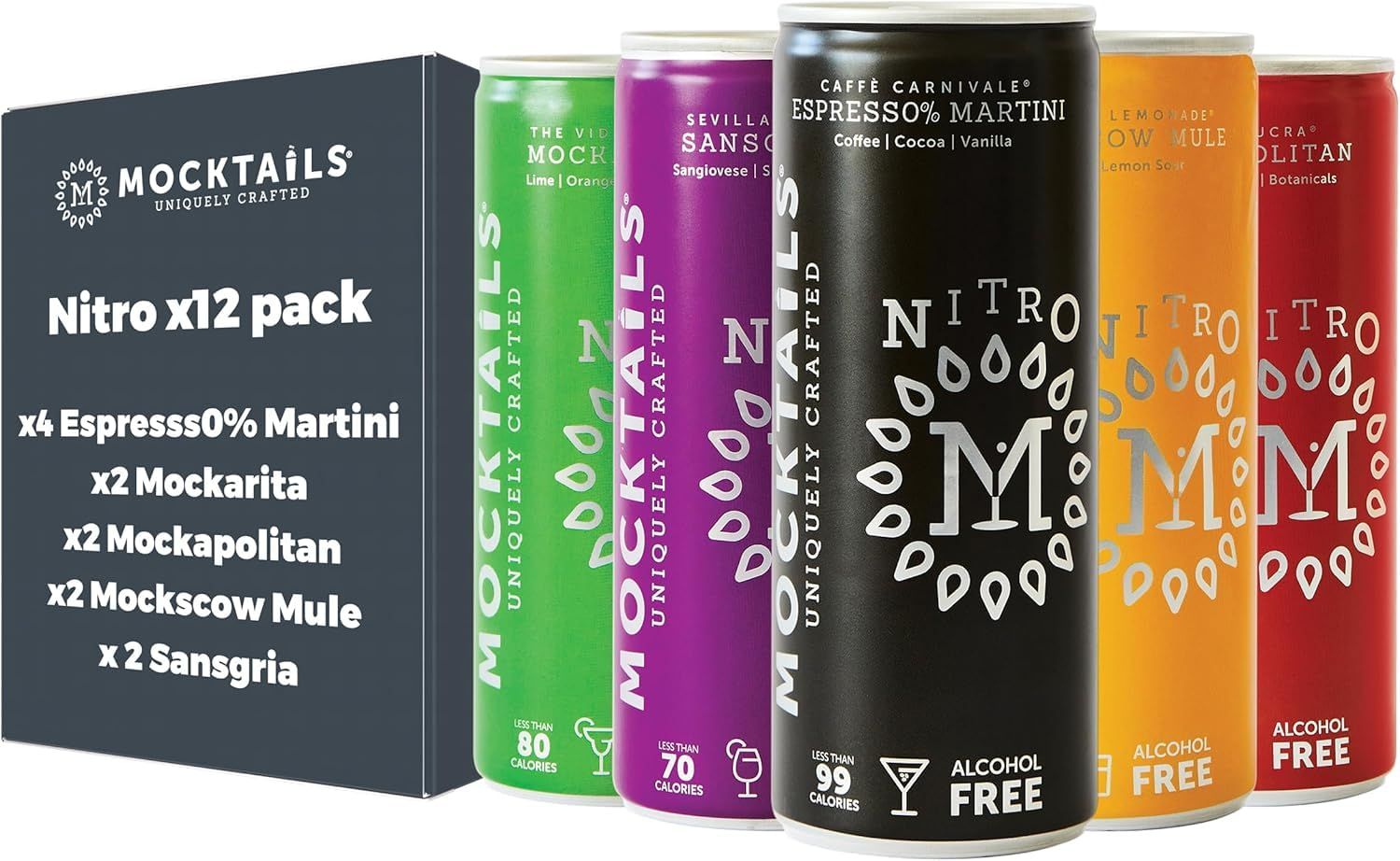 Mocktails Nitro Variety Pack Award-Winning Non-Alcoholic, Non GMO, Low Calorie, Vegan 12 x 200ml