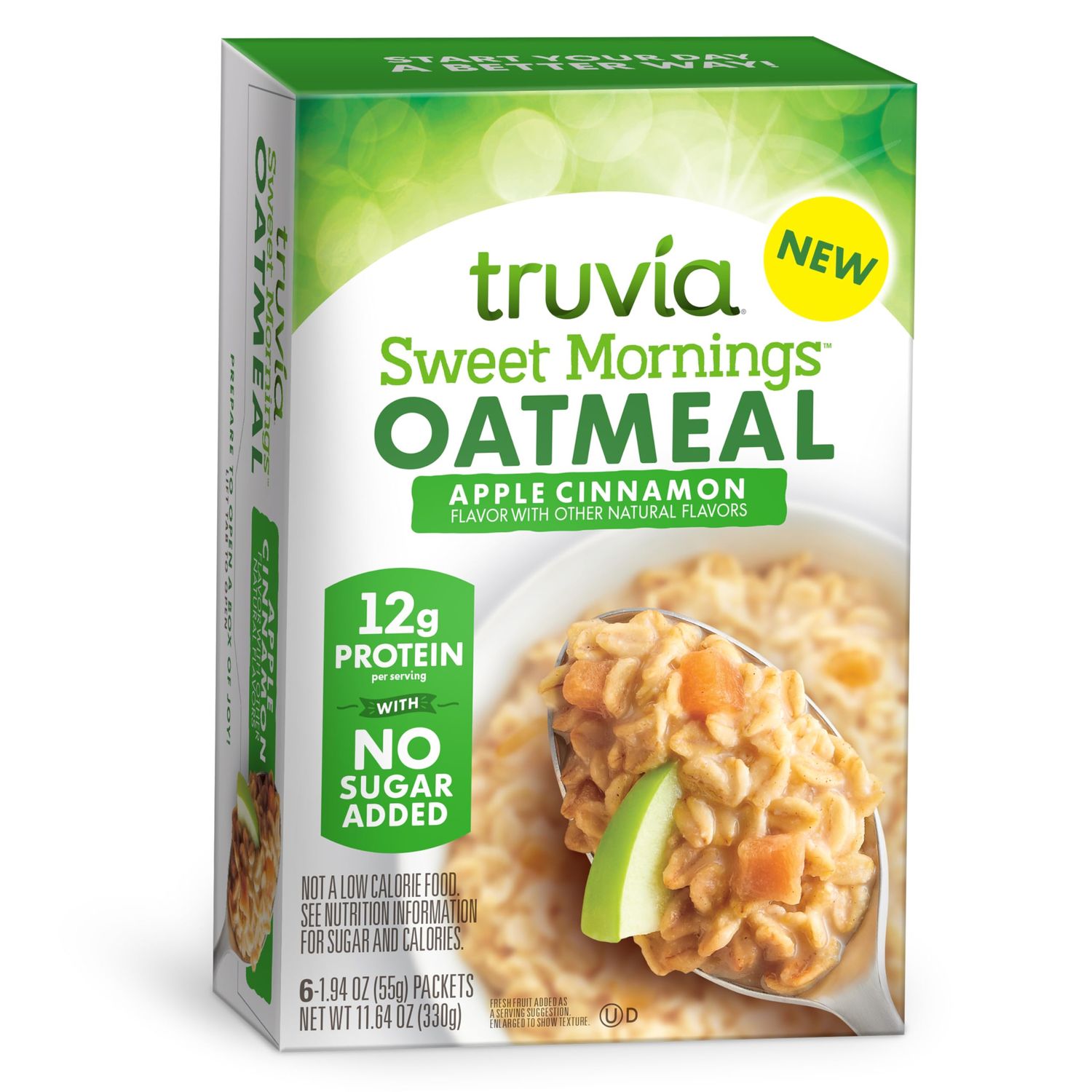 Truvia Sweet Mornings Apple Cinnamon Instant Rolled Oat Oatmeal Packets, 12 G Protein, No Sugar Added (6 packets)