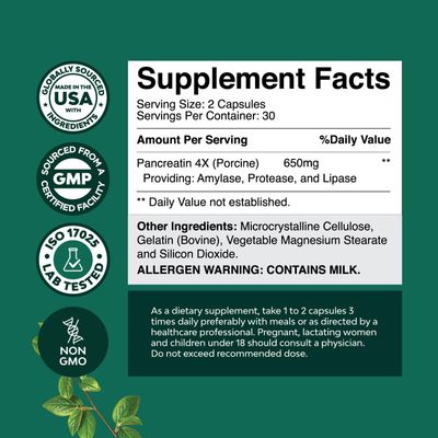 Pancreatin Digestive Enzymes Digestion for Gut Health - Pancreatic Digestive Enzymes for Women Men with Protease, Lipase Amylase - Bloating, Stomach Health, Fat, Carb Protein - 60 Count