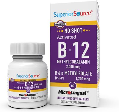 Superior Source No Shot Vitamin B-12 Methylcobalamin 2000 mcg, B-6, Methylfolate 1200 mcg - Supports Energy, Brain, and Heart Health - Bariatric Friendly - 60 Sublingual Dissolving Tablets
