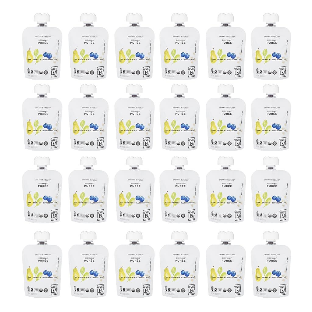 White Leaf Provisions Biodynamic Organic Baby Food Pouches - USDA, GMO BPA Free Squeezable Toddler Snacks - 24 x 90 grams (24 Pouches, Pear Spinach Blueberry Oat)