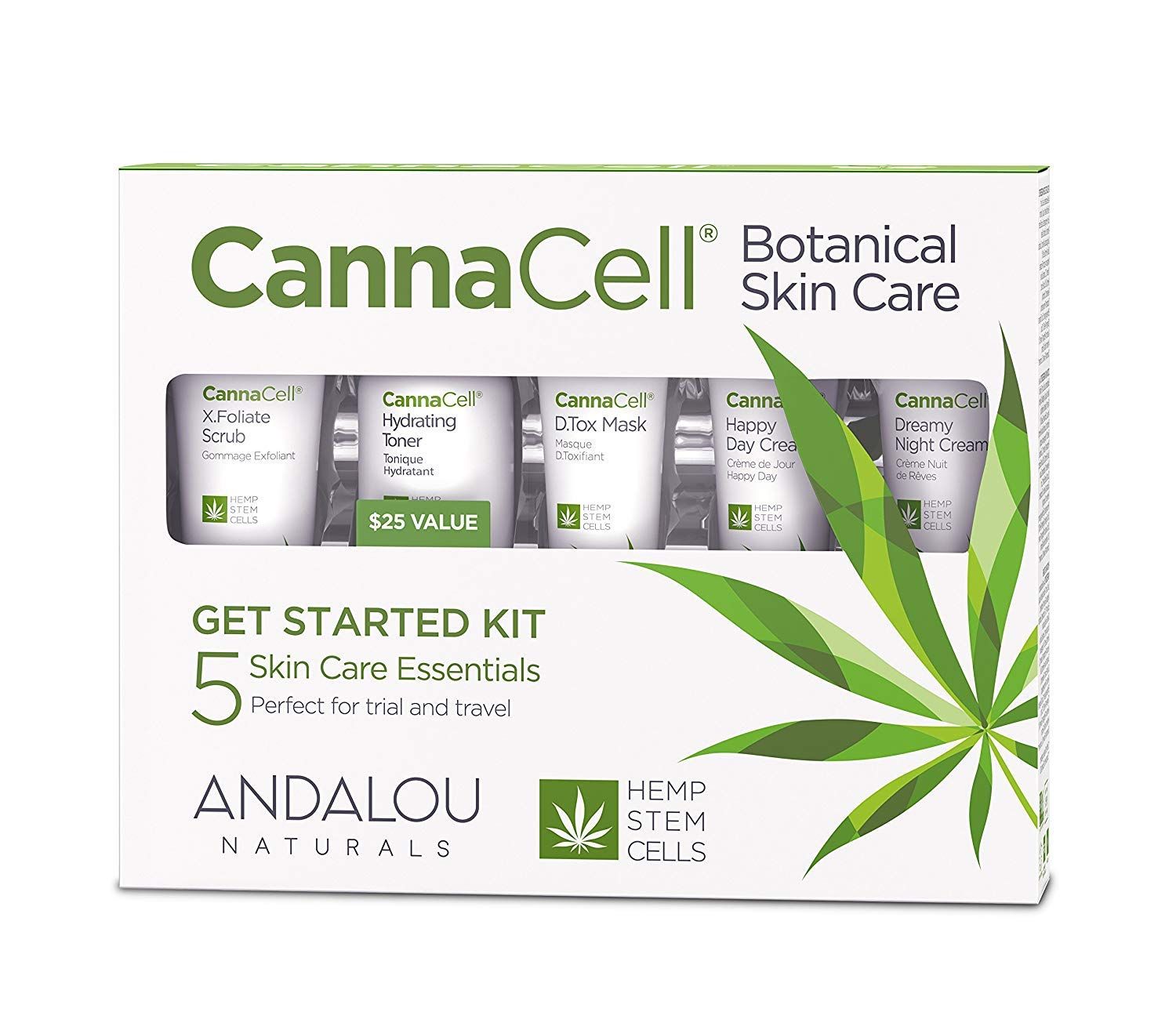 Andalou Naturals CannaCell Botanical Get Started Kit, 5 Piece Set (Scrub, Toner, Mask, Day Cream, Night Cream)