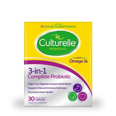 Culturelle 3-in-1 Complete Probiotic Daily Formula, Once Per Day Probiotic Supplement, Helps Your Digestive System Work Better, Supports Natural Immune Defenses, Plus Omega 3&#39;s, Non-GMO, 30 Count