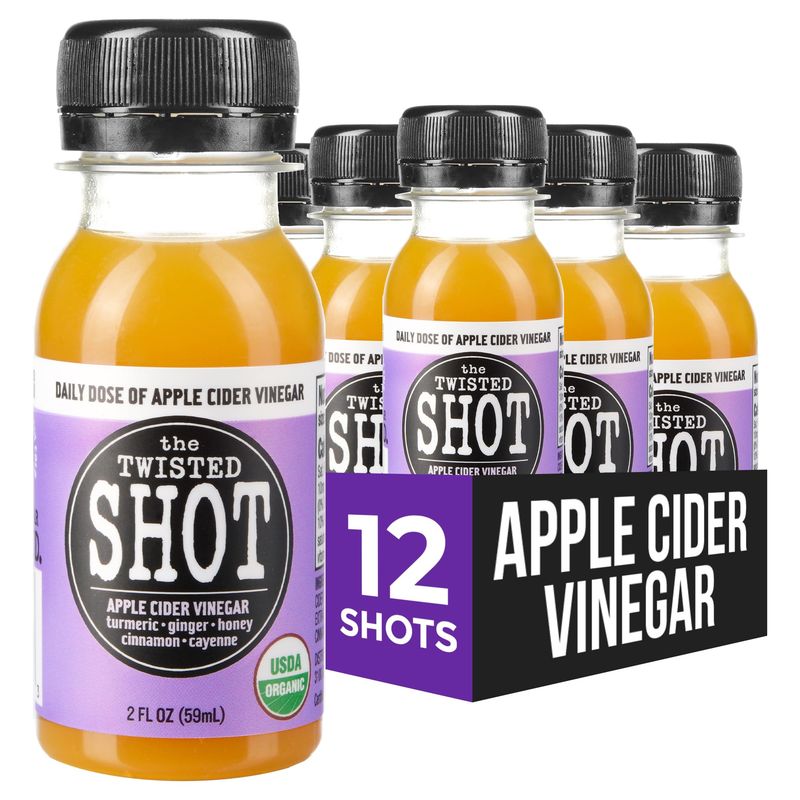 The Twisted Shot Organic Apple Cider Vinegar Wellness Shots with Ginger, Turmeric, Honey, Cinnamon and Cayenne Digestion, Immunity and Gut Health Support Ready to Drink 12, 2 oz Mini Bottles