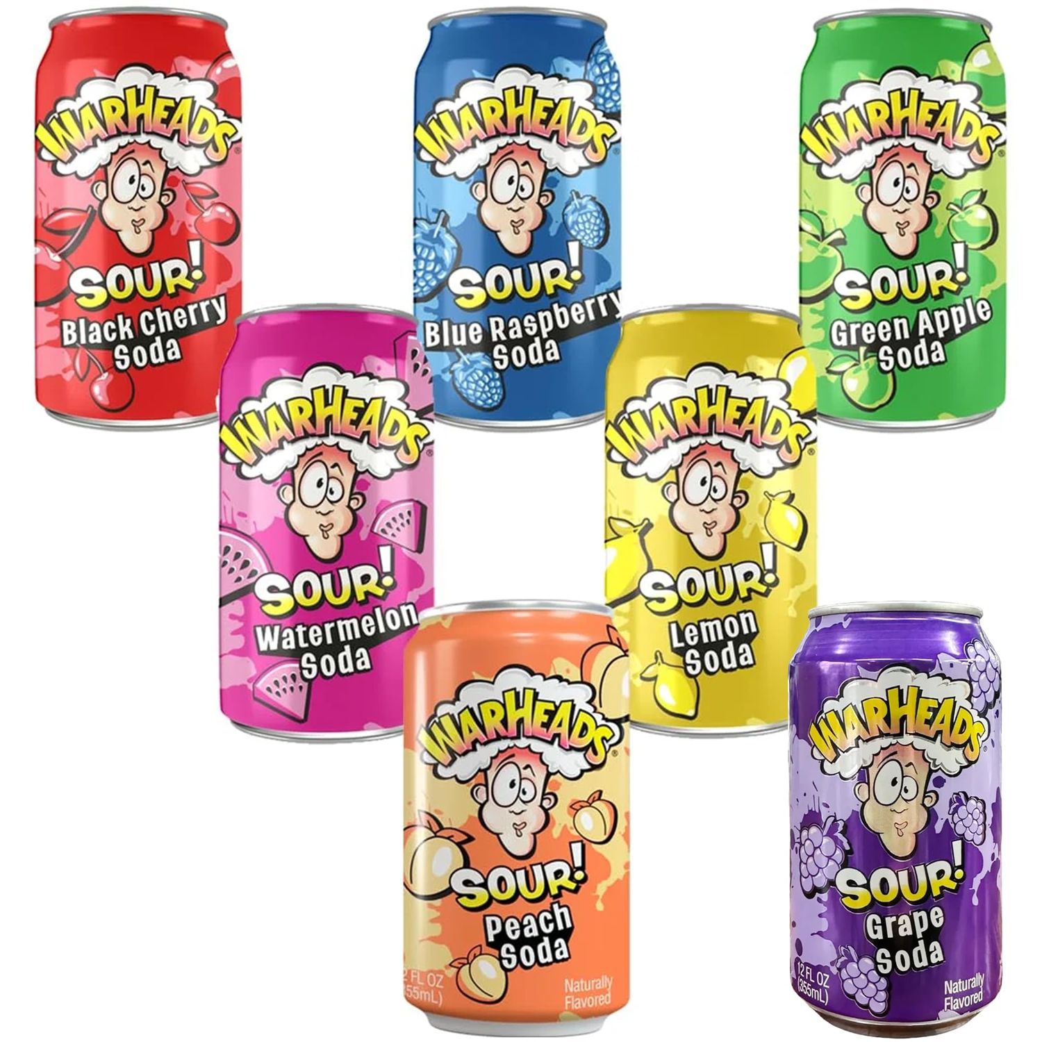 Warhead Sour Soda Variety Pack - 7 Cans (12 oz) of Extreme Sour Flavors: Black Cherry, Blue Raspberry, Green Apple, Watermelon, Lemon, Peach Grape
