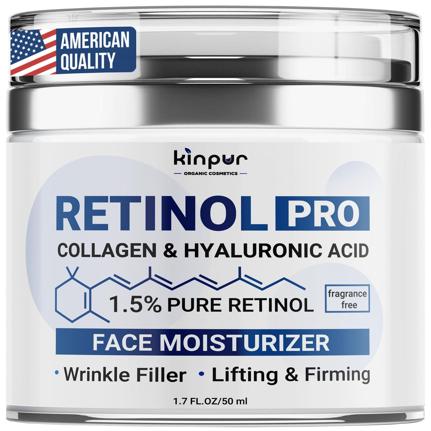KINPUR ORGANIC COSMETICS Retinol Pro Collagen Face Cream with Hyaluronic Acid - Hydrating and Firming Cream for All Skin Types - Day and Night Anti Aging Face Moisturizer for Women Men