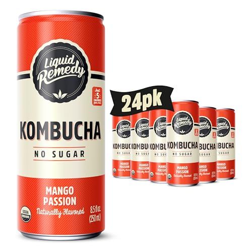 Liquid Remedy Kombucha Sugar Free Organic Drink, Low Calorie, Probiotic Like Tea for Gut Health - Mango Passion - 8.5 Fl Oz Can, 24-Pack