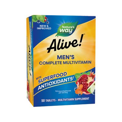 Nature&#39;s Way Alive! Men&#39;s Complete Multivitamin, Supports Energy Metabolism Muscle Function, B-Vitamins, Superfood Antioxidants, Gluten-Free, 50 Tablets (Packaging May Vary)