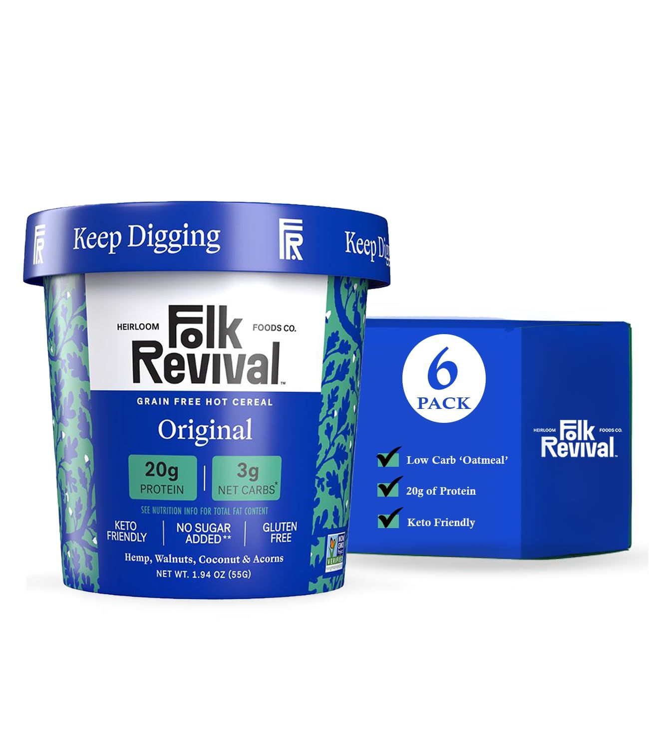 Folk Revival Original Keto Instant Oatmeal - 20g Protein, 3g Net Carbs, High Fiber, Non GMO, Gluten Free, Made with Acorns - 6 Cups Per Case