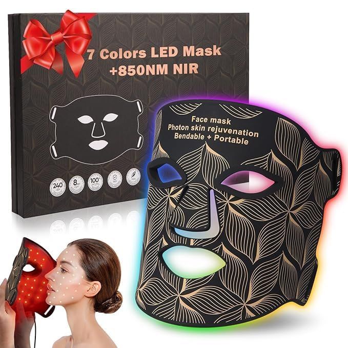Red Light Therapy for Face, 7 1 Colors LED Face Mask Light Therapy with 850NM Near-infrared, Portable Rechargeable Red Light Therapy Mask Skin Care Device at Home and Travel for Anti-Aging, Black